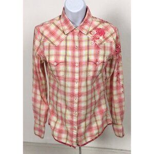 Panhandle Slim Western Shirt Women Size S Embroidered Rose Pink Plaid Pockets